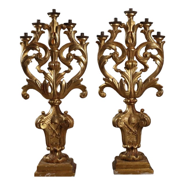 Gilded Wooden Torch Holders, Set of 2 For Sale