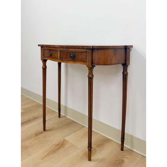 This exquisite vintage Jaycee Furniture mahogany wood inlay entry table is a beautifully crafted and historically...