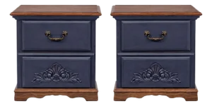 Late 20th Century Pair of Solid Wood Navy Blue Nightstands With Carved Shell Drawer & Walnut Tops