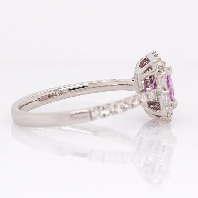 Metal 1ct Pink Sapphire Ring With Natural Diamond Halo: Solid 14k White Gold | 6mm For Sale - Image 7 of 7