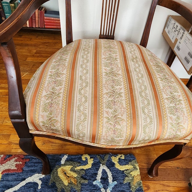 Late 19th Century Antique Parisian Armchair, Side / Parlor, Gilt Floral Inlaid Medallion & Gilt Lined Frame French Victorian Original Satin STripe Uphostery - Few Flaws For Sale - Image 5 of 16