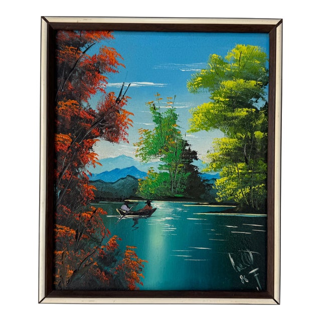 1980's Vintage Haitian Lake Scene Canoeing Oil Paint on Canvas - Framed For Sale