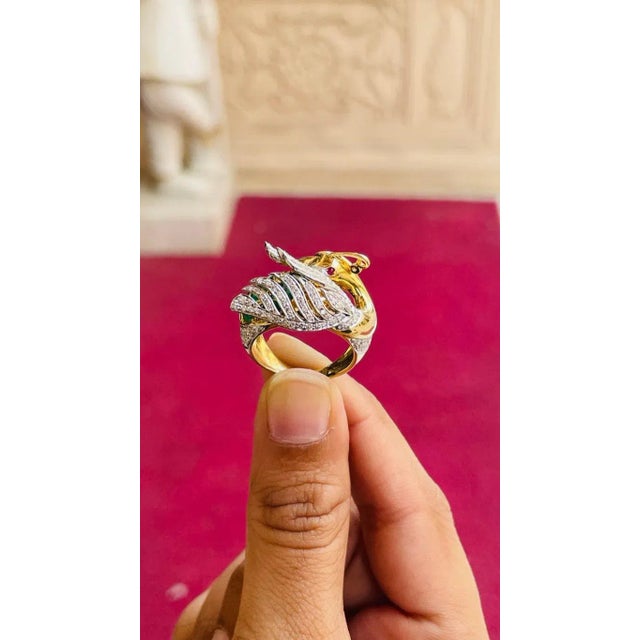 Emerald, Ruby and Diamond Peacock Cocktail Ring in 14kt Solid Yellow Gold Size 7 For Sale - Image 11 of 12