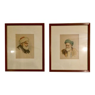 Handsome Oientalist Portraits:Arab Men,1890s Rare Museum Qual Watercolurs Otto Pilny - Set of 2 For Sale