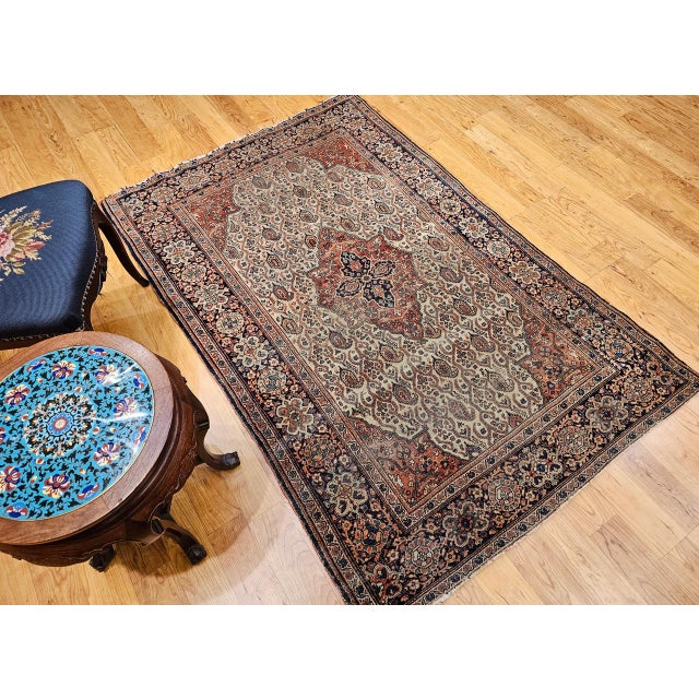 19th Century Persian Farahan Rug, Hand-Knotted Wool, Paisley Pattern, Pale Green & Navy, 4x6 For Sale - Image 9 of 18