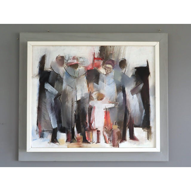 THE WAITING PLACE Size: 19.3 x 22.2 inches (including frame) Oil on board The forms appear engaged in a shared moment:...
