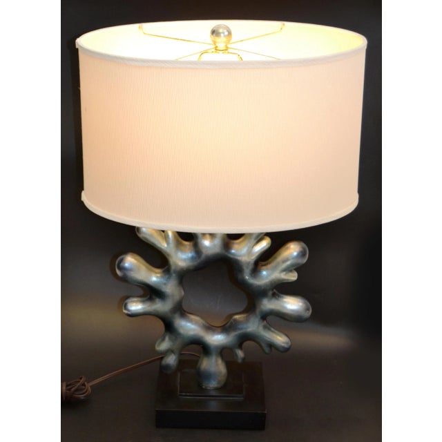 Vintage Ice Blue Resin Biomorphic Shape Abstract Art Table Lamp & Oval Shade 70s For Sale - Image 12 of 13