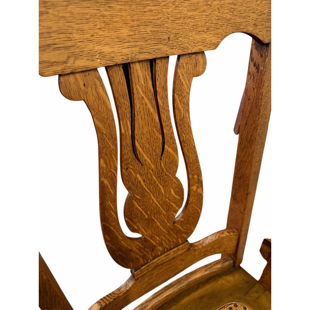 Wood Antique c.1900 Quarter-Sawn Art Nouveau Tiger Oak Lyre Back Cane Dining Chairs. Set of Four For Sale - Image 7 of 8