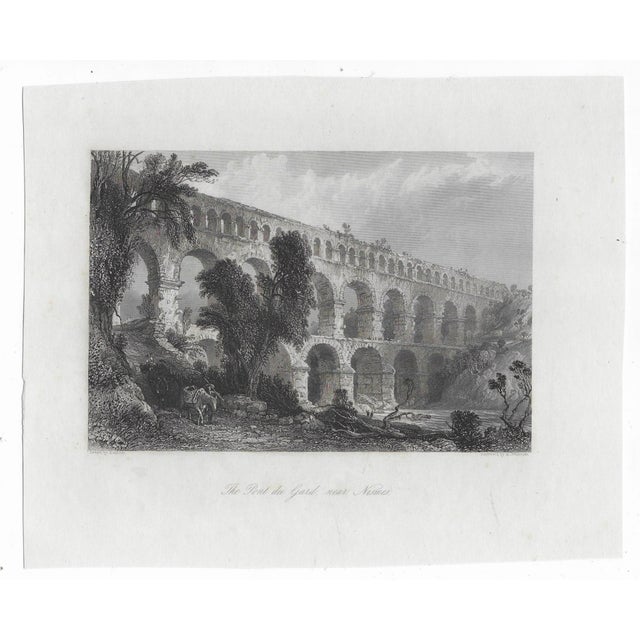 19th century engraving of the Pont du Gard near Nismes France. After a drawing by English artist Thomas Allom (1804-1872).