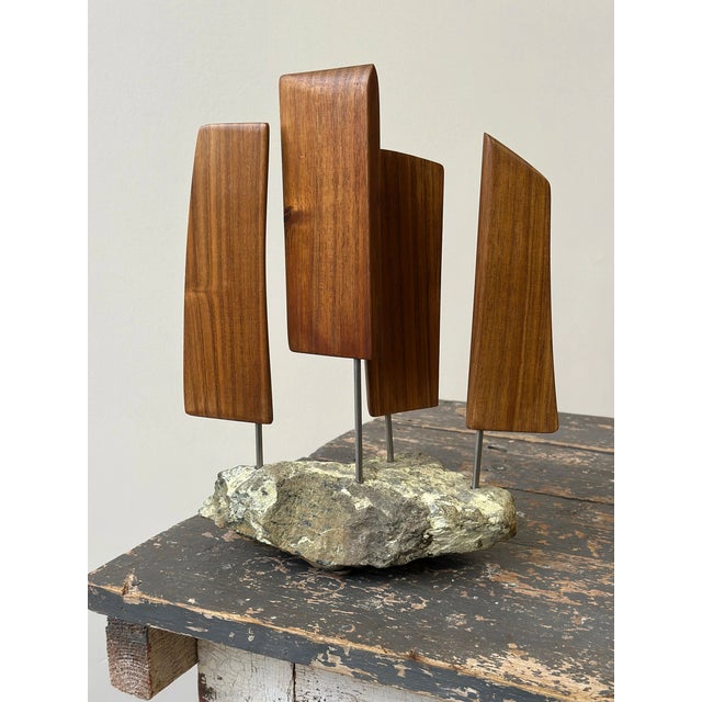 Vintage Teak Articulating Sails Sculpture With Rock Base by Paul Bechtold, Circa Mid 20th Century For Sale - Image 10 of 13