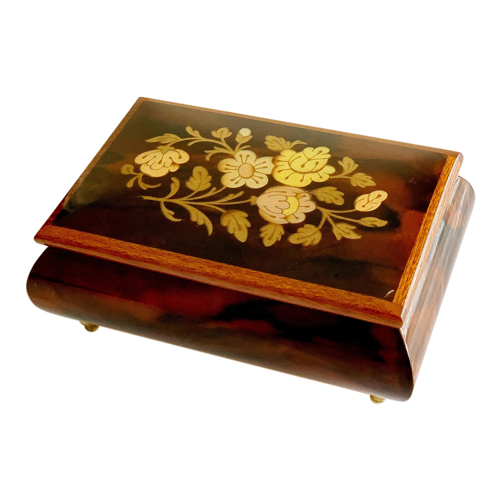 Vintage Italian Burl Elm Floral Marquetry Wood Footed Jewelry Music Box Chairish