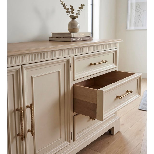 Drexel Heritage 1980s Refinished Drexel Heritage Sideboard – Cream & Natural Wood, Solid Walnut With Brass Hardware For Sale - Image 4 of 10