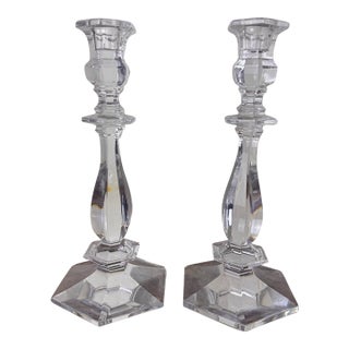 Val Saint-Lambert Signed Belgian Crystal Candlesticks, Pair, 9.5" Tall, Late 20th Century For Sale