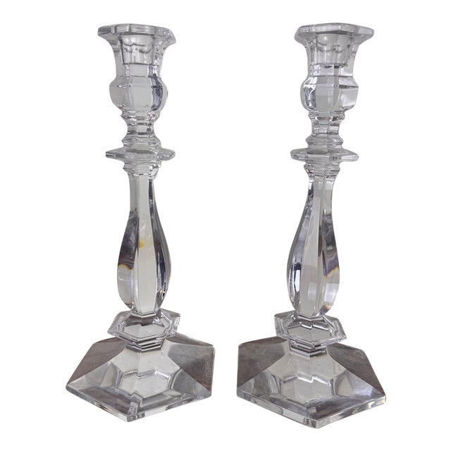 Val Saint-Lambert Signed Belgian Crystal Candlesticks, Pair, 9.5" Tall, Late 20th Century For Sale