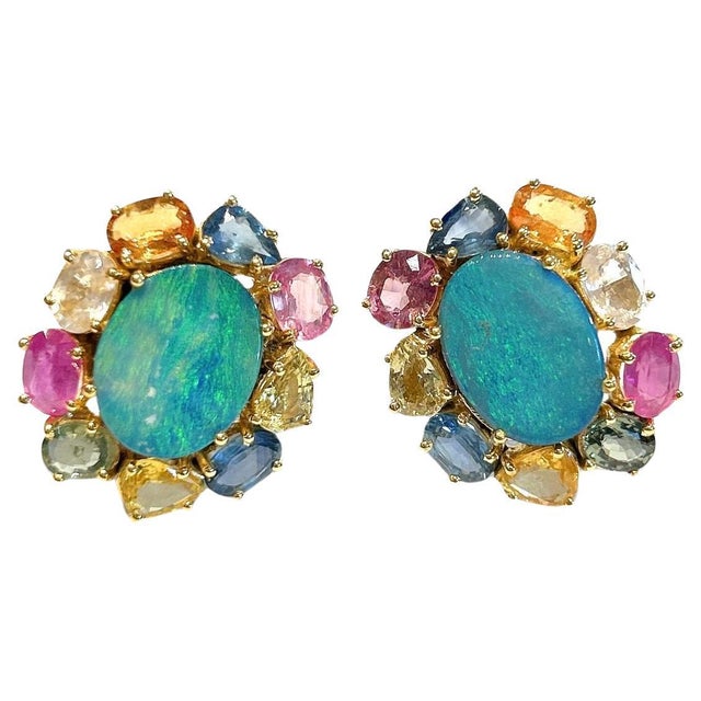 Bochic "Orient" Vintage Opal & Multi Fancy Sapphire Earrings 18K Gold&Silver For Sale - Image 15 of 18