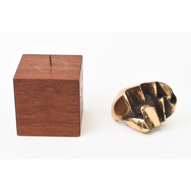 Vintage Signed Initialed Brass Bronze and Wood Small Abstract Sculpture For Sale - Image 9 of 9