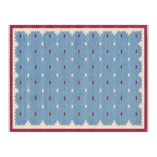 Handmade Cotton Vegetable Dyed Rug, Sky Blue and Pink Geometric Dhurrie-8'x10' For Sale