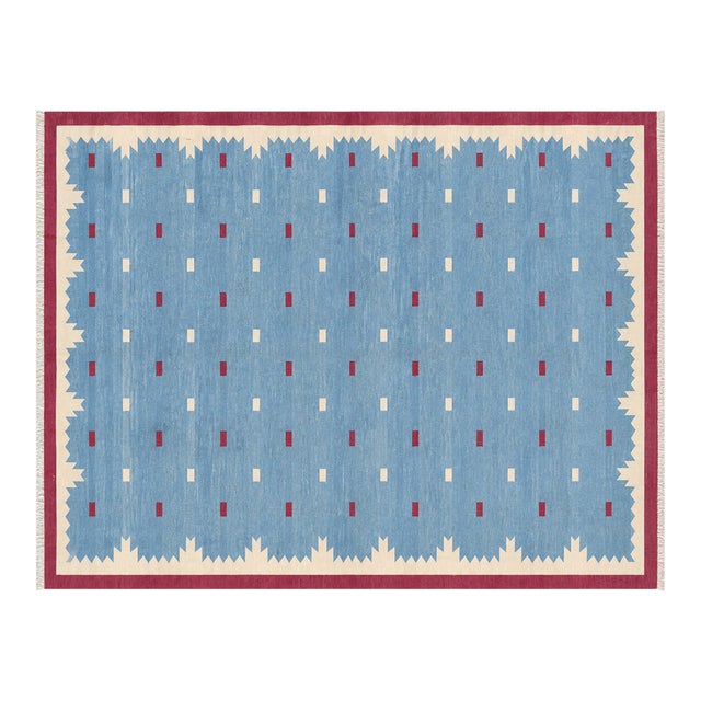Handmade Cotton Vegetable Dyed Rug, Sky Blue and Pink Geometric Dhurrie-8'x10' For Sale