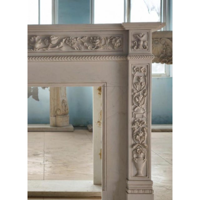 Neoclassical Hand-Carved White Marble Fireplace Mantle For Sale - Image 4 of 6
