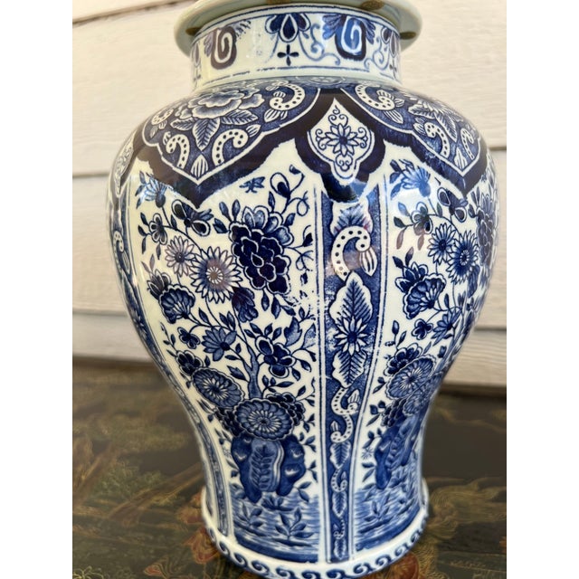 Blue Vintage Large Delft Ginger Jar Vase Blue & White Floral Royal Sphinx Lidded Urn For Sale - Image 8 of 18