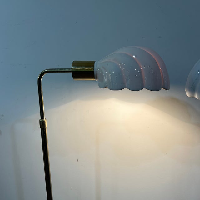 1970s Italian Ceramic Clam Shell Shade Tommaso Barbi Adjustable Brass Floor Lamp Set For Sale - Image 4 of 12