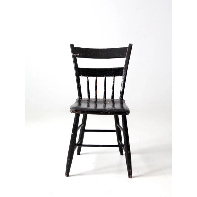 Antique Primitive Black Plank Seat Chair For Sale - Image 4 of 9