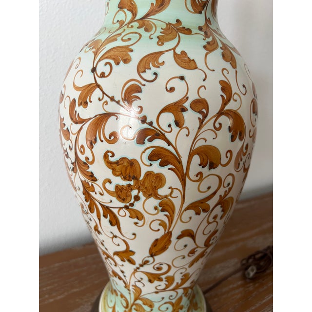 Vintage Hand-Painted Italian Style Ceramic Table Lamp With Ochre Scrollwork & Celadon Green Accents For Sale - Image 11 of 11