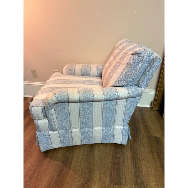Great upholstered chair by Sherrill features a rolled arm, an attached back cushion, and a box pleated skirt. Upholstered...