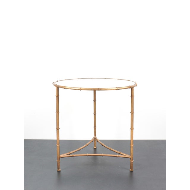 Vintage French Pedestal Table in Gilded Metal with Imitation Bamboo Finish and Glass Top For Sale - Image 9 of 9
