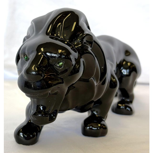 Figurative Vintage Ceramic Lion With Green Glass Eyes For Sale - Image 3 of 13