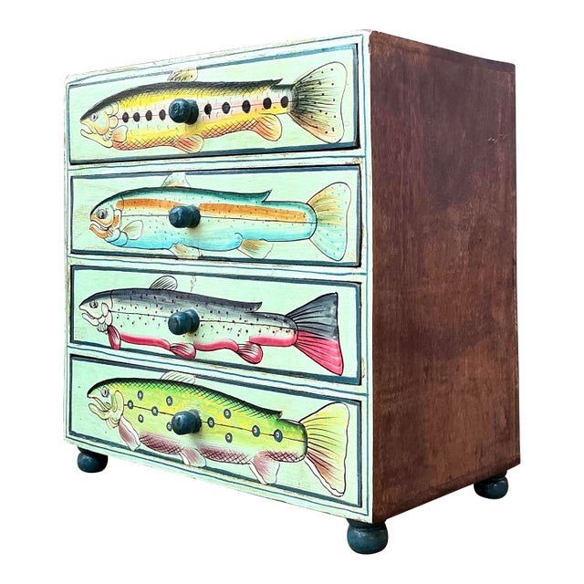 Vintage Hand Painted Fish Table Top Chest For Sale