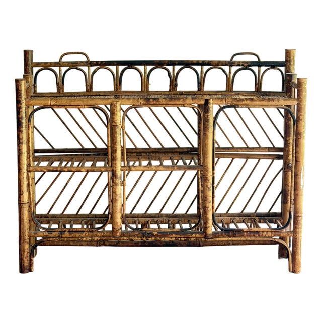 Vintage Mid Century Burnt Bamboo Shelf Hanging Wall Shelf Display Rack Etagere For Sale