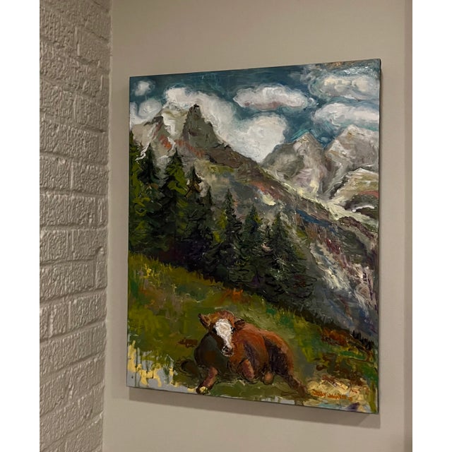 Cow in the Swiss Alps, Oil Painting by Nancy Van Ness Great gift, ready to hang, gallery art edges. A cow lounges on a...