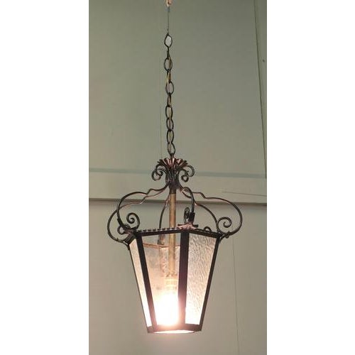 Arts & Crafts Wrought Iron Lantern in Glass, 1900s For Sale - Image 3 of 7