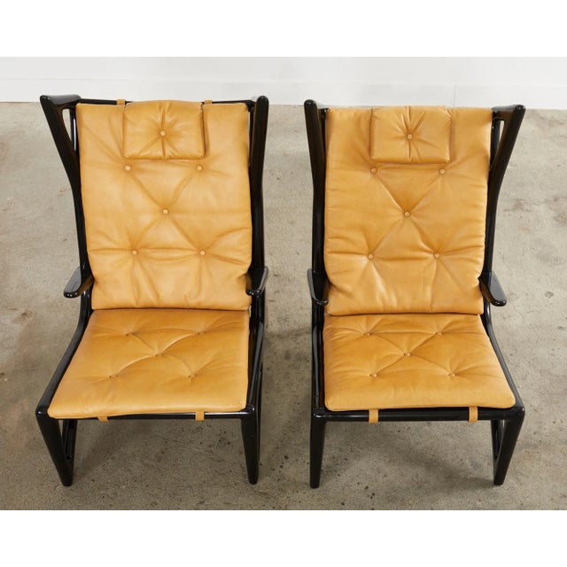 Mid 20th Century Pair of Italian Gio Ponti Style Ebonized Lounge Chairs For Sale - Image 5 of 13