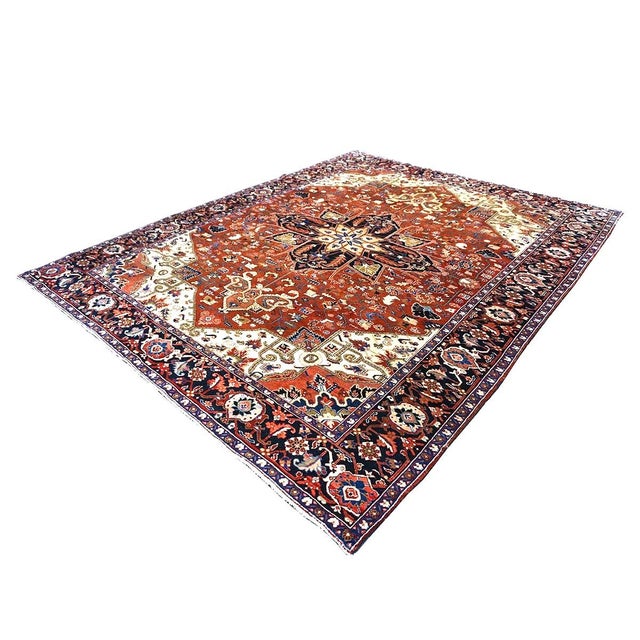 Vintage Persian Heriz 10x13 Red, Navy, & Ivory Handmade Area Rug #9901667 For Sale - Image 4 of 13