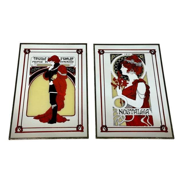 Art Nouveau Style Alfons Mucha Advertising Mirrors, Japan, 1970s, Set of 2 For Sale