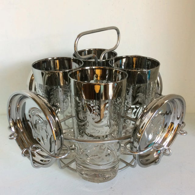 Mid-Century Modern Platinum Banded Kimiko 4 Glass and 4 Coaster Cocktail Set in Caddie For Sale - Image 3 of 13