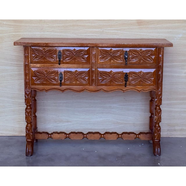 19th Century Catalan Spanish Carved Walnut Console Sofa Table, Four Drawers For Sale - Image 17 of 18