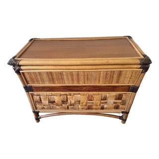 1990s Burnt Bamboo Trunk Chest Rattan, Teak Wood Jacques Adnet Style For Sale