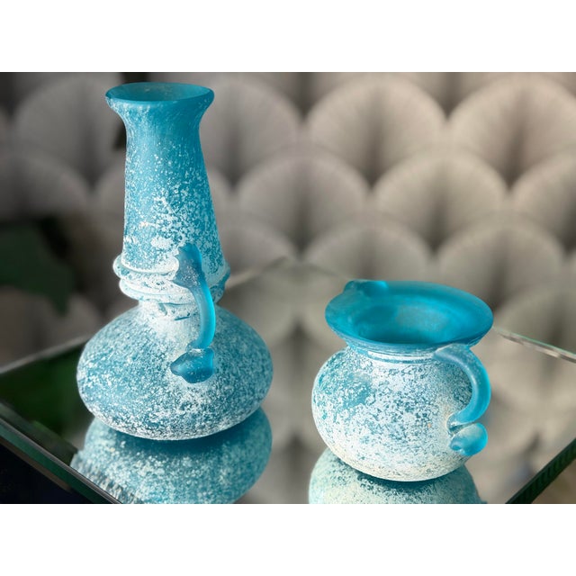 Late 20th Century Vintage Greek-Style Italian-Style Blue Textured “Seguso Scavo”-Style Art Glass Vases - Set of 2 For Sale - Image 5 of 9