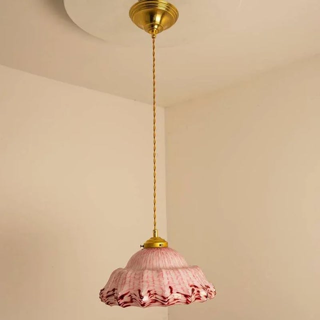 Art Deco Hand-Blown Pink Ruffled Murano Glass Pendant, 1970s For Sale - Image 3 of 11