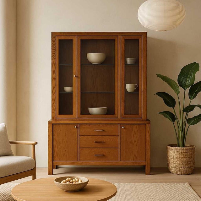 Vintage Bernhardt oak display hutch from the 1980s, combining a lighted glass vitrine with substantial concealed storage....