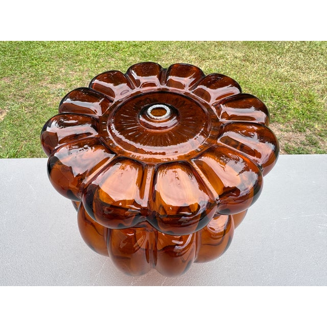 Amber 1960s Mid 20th Century Hand-Blown Amber Art Glass Pumpkin Melon Ribbed Lamp Shade 4" Fitter For Sale - Image 8 of 10