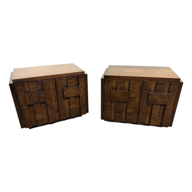 Pair of Lane Staccato Brutalist Walnut Nightstands or End Tables, 1970s For Sale