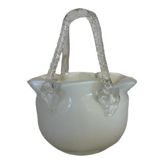 Murano Style Vintage White and Transparent Blown Glass Purse Sculpture For Sale