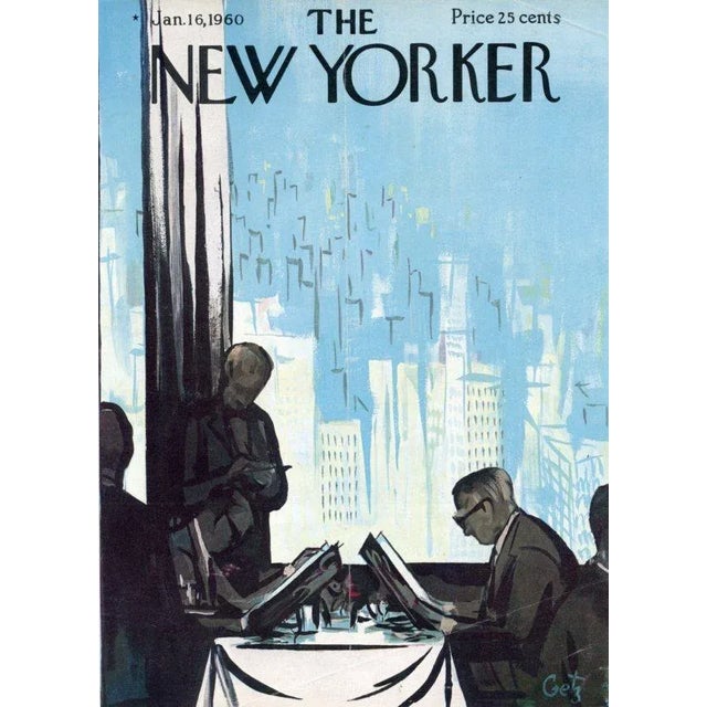 Original vintage New Yorker magazine cover dated January 16, 1960 featuring a New York City and Business Lunch theme....