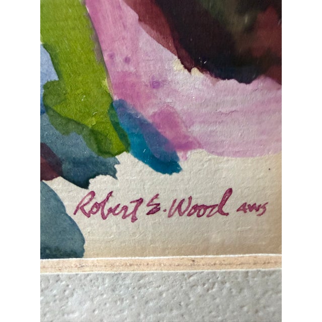 Mid-Century Modern Original Signed Robert E. Wood (Aws) Landscape Watercolor Painting - Mid-Century Wood Frame For Sale - Image 3 of 4