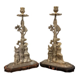 Candlestick Candle Holder Metal & Wood Base Mother Child Tree Sp c.2000 For Sale