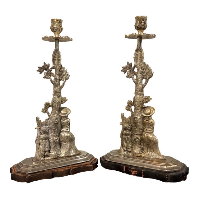 Candlestick Candle Holder Metal & Wood Base Mother Child Tree Sp c.2000 For Sale